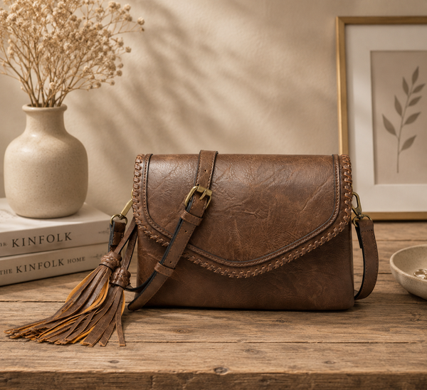 Flap over Crossbody w/ Whipstitch - Coffee