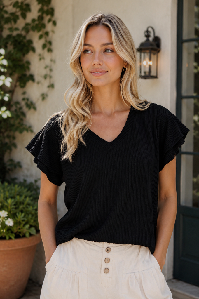 Layered Ruffle Sleeve Top - Black