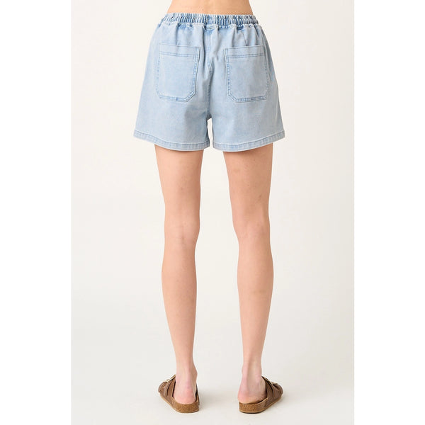 Denim Drawstring Patch Pocket Shorts - Lightwash