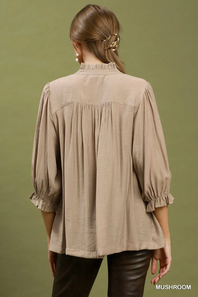 Smocked Yoke Button Front Blouse - Mushroom