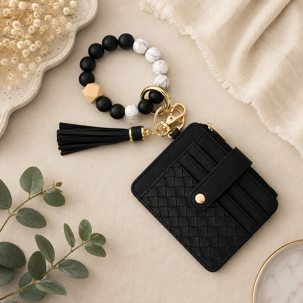 Quilted Beaded Keychain Bracelet Wallet - Black