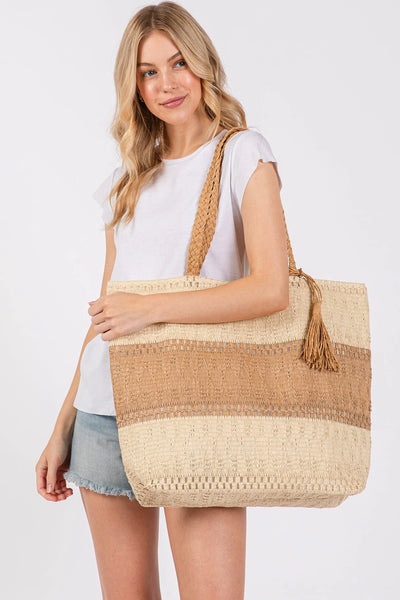 Two Toned Woven Straw Tote Bag - Taupe