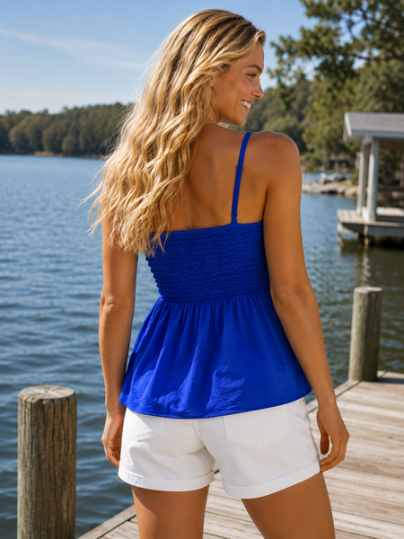 Cord Detail Smocked Top - Capri Blue