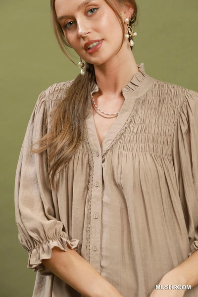 Smocked Yoke Button Front Blouse - Mushroom