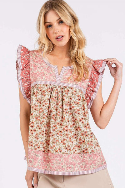 Patchwork Flower Print Ruffle Sleeve Top - Rose Pink