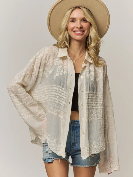 Embroidered Sheer Button Down Blouse - Beige