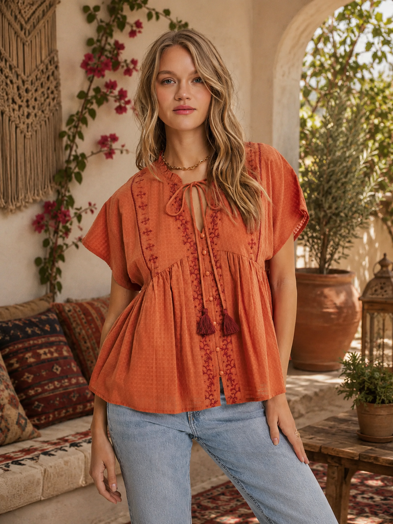 Embroidered Babydoll Top - Burnt Orange