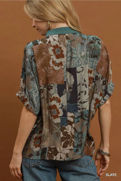 Mixed Floral Patchwork Top - Slate