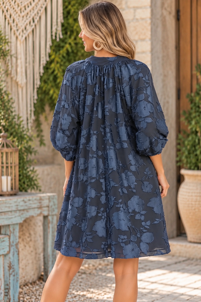 Velvet Floral Textured Babydoll Dress - Slate Blue