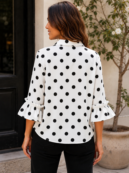 Polka Dot Ruffle 3/4 Sleeve Button Up Blouse -White/Black