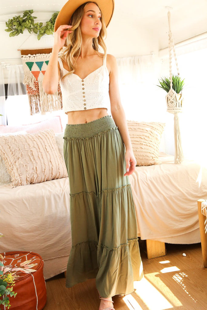 Maxi Tiered Wide Leg Palazzo Pants - Olive