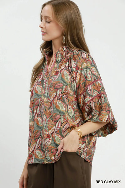 Mix Botanical Print Puff Sleeve Blouse - Red Clay