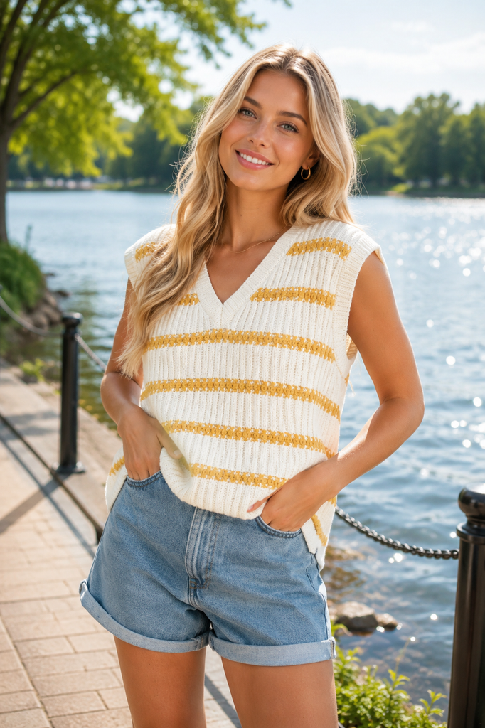 Knitted Sleeveless Top - Ivory/Mustard