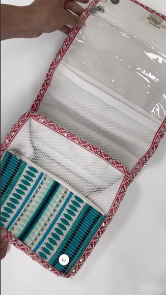 Mary Grace Striped Cotton Toiletry/Cosmetic Bag - Teal/Pink