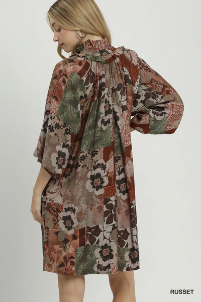 Mixed Floral Print Dress - Russet