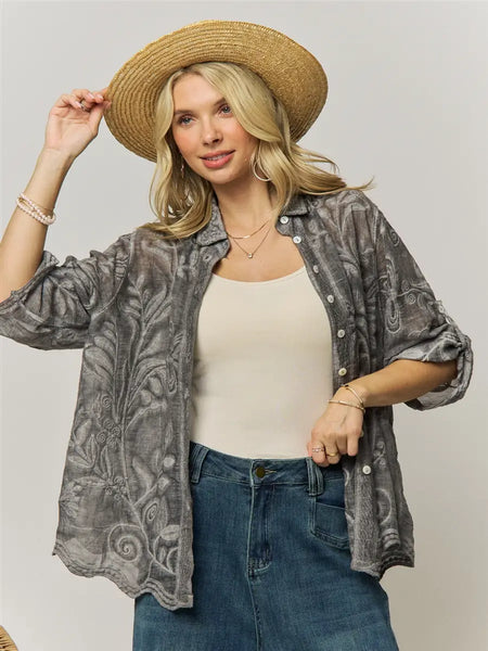 Vintage Boho Embroidered Button Down Blouse - Great
