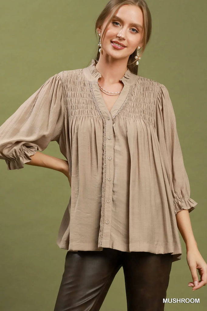 Smocked Yoke Button Front Blouse - Mushroom