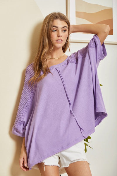 Knit Top w/ Crochet Contrast Sleeves - Lilac