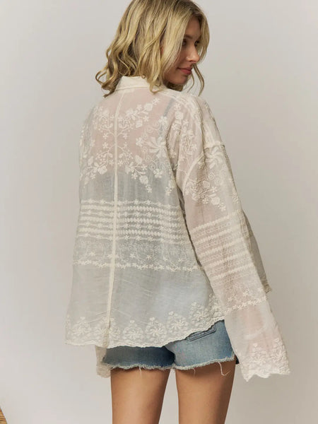 Embroidered Sheer Button Down Blouse - Beige