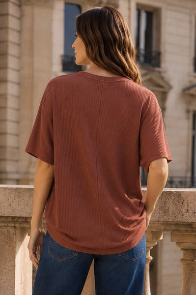 Ribbed Oversized Ruched Top - Rust