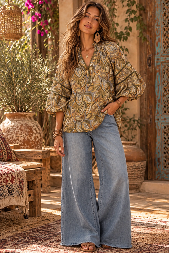 Mix Botanical Print Puff Sleeve Blouse - Olive