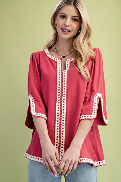 3/4 Sleeve Embroidered Top - Raspberry
