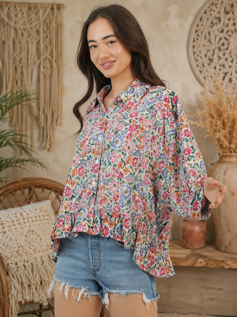 Button Front Collared Printed Floral Ruffled Top - Ivory Multi