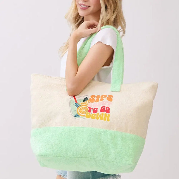 Sips About To Go Down Terry Beach Bag - Mint