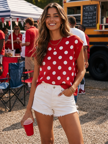 Polka Dot Sleeveless Knit Top - Red/White