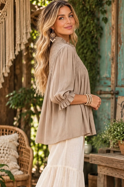 Smocked Yoke Button Front Blouse - Mushroom