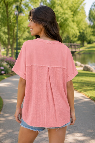 Boho Floral Eyelet Half Sleeve Blouse - Peach Coral