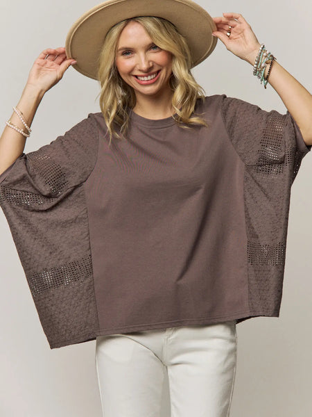 Chic Batwing Sleeve Mesh Top - Grey Brown
