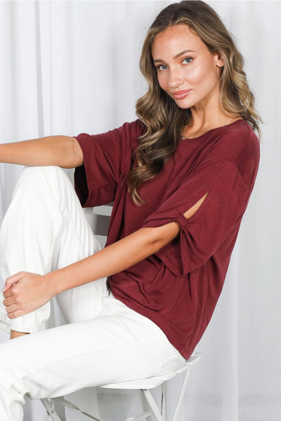 Tie Accent Casual Top - Burgundy