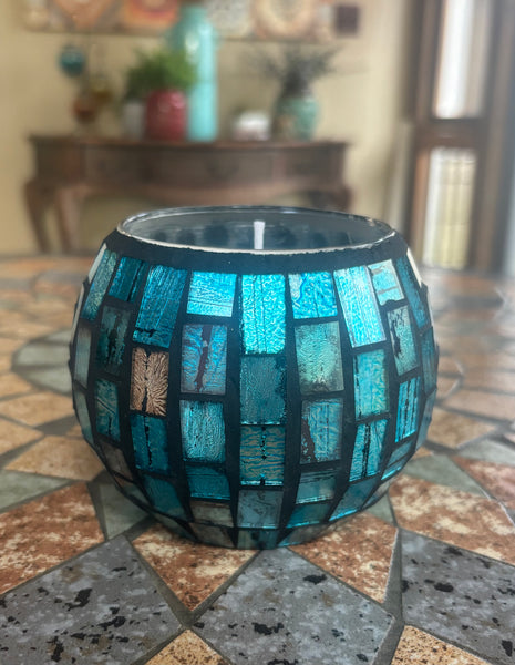 Blue/Amber Mosaic Glass Soy Candle