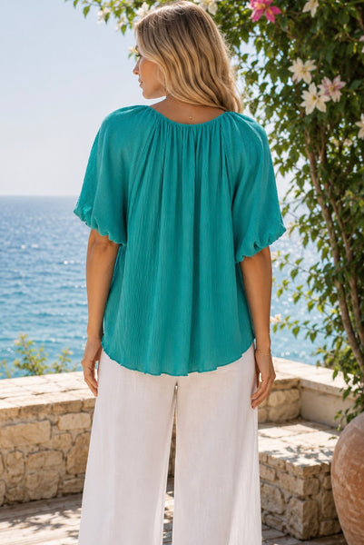 Scoop Neck Top w/ Balloon Sleeves  - Light Teal