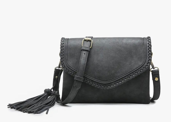 Flap over Crossbody w/ Whipstitch & Tassel - Black