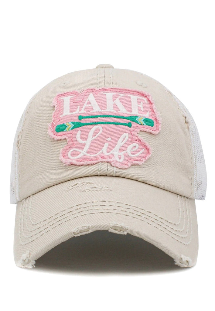 “Lake Life” Vintage Distressed Ball Cap - Stone
