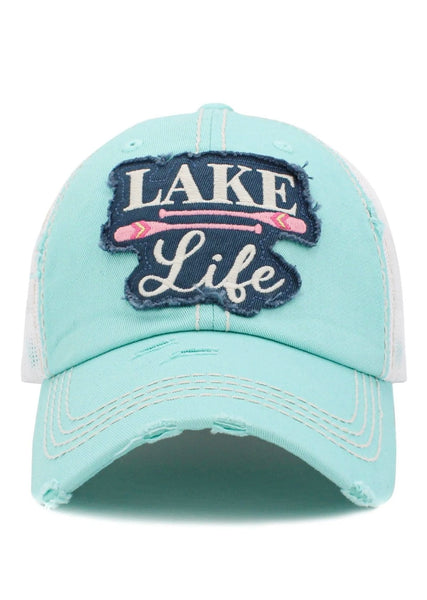 “Lake Life” Vintage Distressed Ball Cap - Diamond Blue