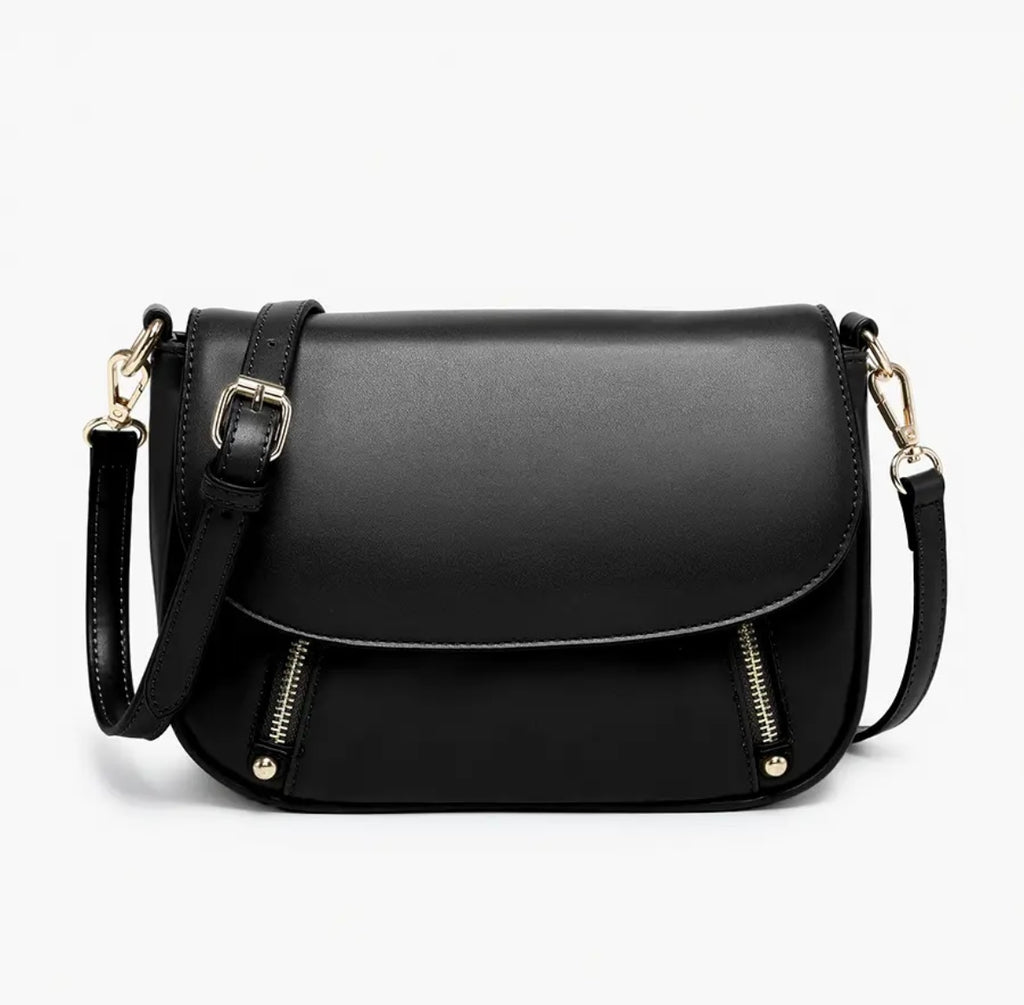 Dual Zip Flapover Crossbody - Black