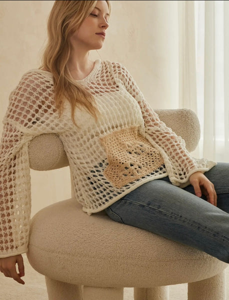 Crochet Hoodie w/ Kangaroo Pocket - Cream