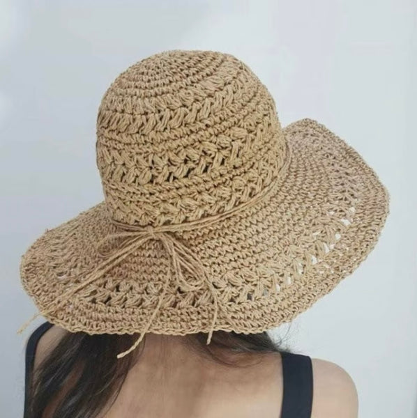 Bohemian Crochet Straw Sun Hat - Beige
