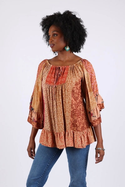 Ruffle Sleeve Boho Top - Rust Mix