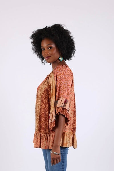Ruffle Sleeve Boho Top - Rust Mix