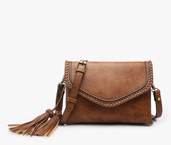 Flap over Crossbody w/ Whipstitch & Tassel - Brown