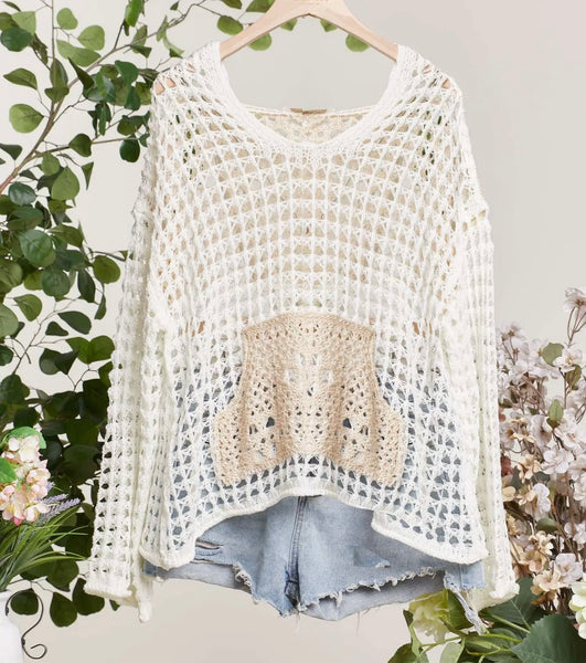 Crochet Hoodie w/ Kangaroo Pocket - Cream