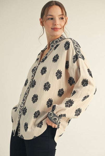 Drop Shoulder Button Down Print Top - Cream
