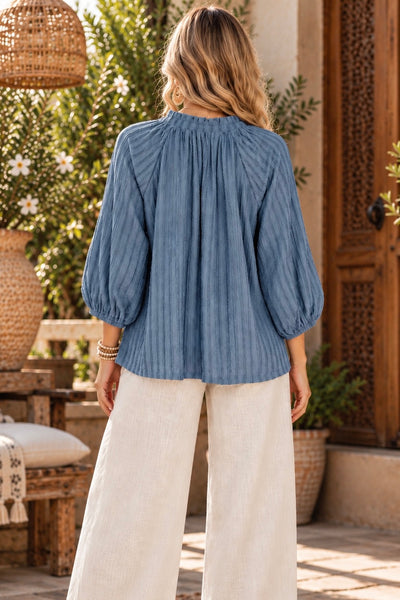 Textured Tie Neck Blouse - Teal Blue