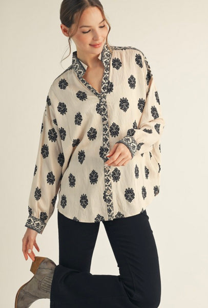 Drop Shoulder Button Down Print Top - Cream
