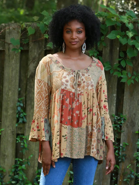 Patchwork Bell Sleeve Top - Amber