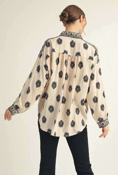 Drop Shoulder Button Down Print Top - Cream